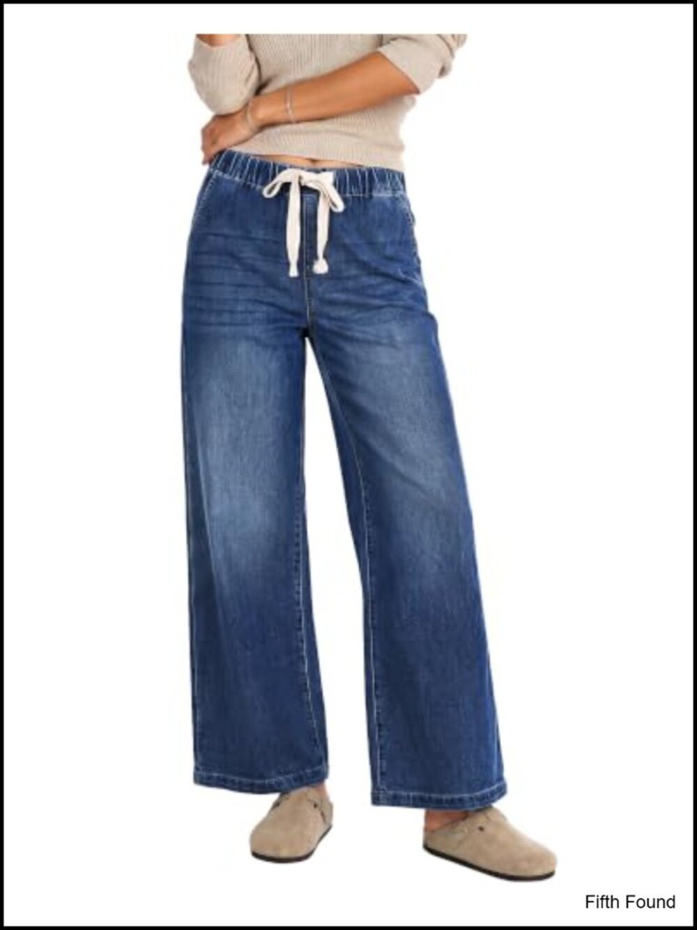 Wide Leg Drawstring Jeans Elastic Waist High Rise Stretchy Cotton Denim Pants